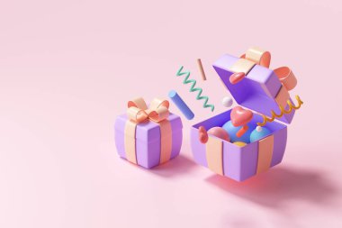 3 boyutlu sürpriz hediye kutusu, içinde nesne patlaması olan hediye kutusu, selamlama, şanslı, özel teklif konsepti. 3d resimleme