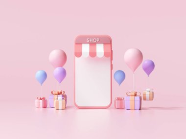 Akıllı telefon uygulama hizmeti, dijital pazarlama, online satın alma konsepti. 3d afiş arkaplanı.