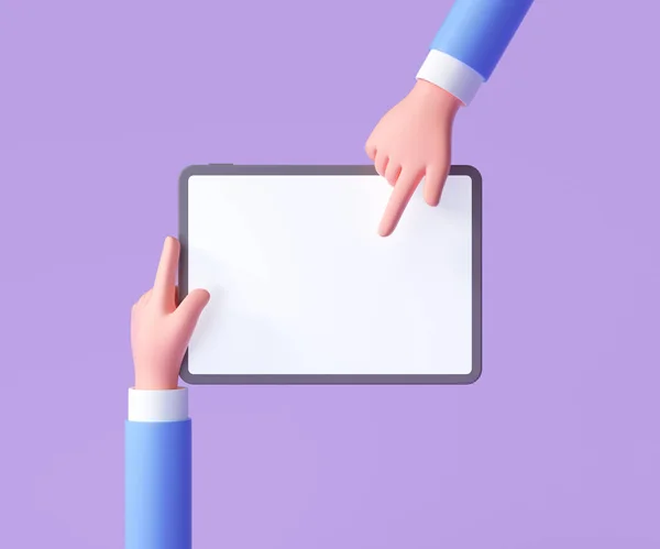 Cartoon Hand Hält Tablet Isoliert Auf Lila Hintergrund Hand Mit — Stockfoto