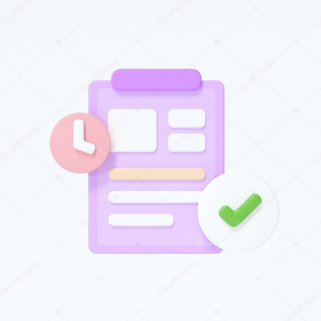 Clipboard icon with a checklist on isolate white background. 3d render illustration.