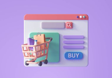 İnternet sayfası konseptinde online alışveriş. E-ticaret web sitesi tasarımı. 3d resimleme