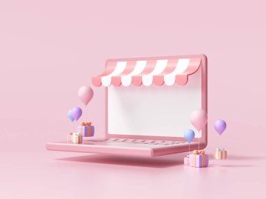 Dizüstü bilgisayar konseptinde 3D online alışveriş. çevrimiçi mağaza, 3d görüntüleme