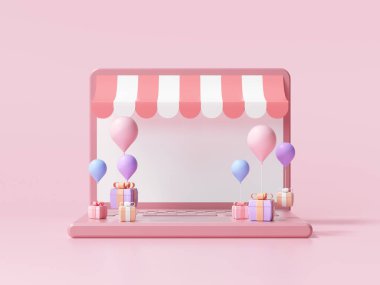 Dizüstü bilgisayar konseptinde 3D online alışveriş. çevrimiçi mağaza, 3d görüntüleme
