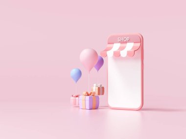 Akıllı telefon uygulama hizmeti, dijital pazarlama, online satın alma konsepti. 3d afiş arkaplanı.