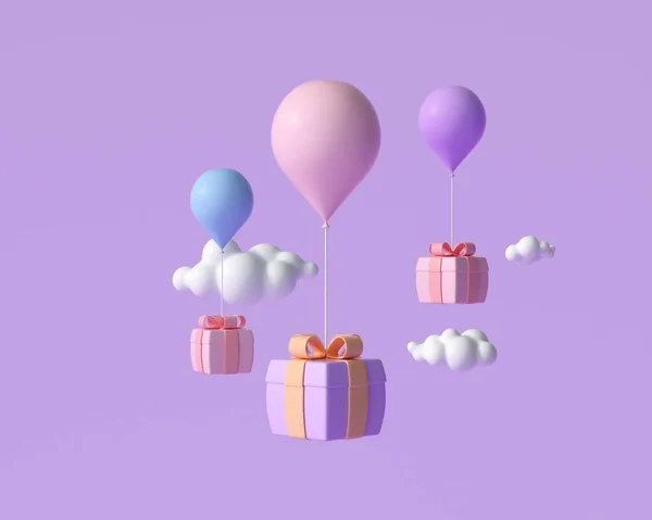 3D飞行礼品盒与气球 网上购物 问候和庆祝的概念 3D渲染说明 — 图库照片
