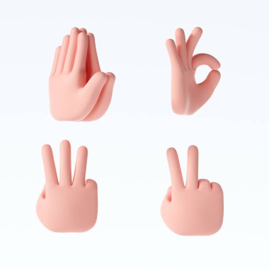 Üç boyutlu karikatür el hareketleri izole edilmiş beyaz arka planda simgeler oluşturur. 3d resimleme
