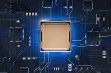 Devre tahtası kavramına sahip işlemci merkezi bilgisayar işlemcileri. Al, mobil işlemci. 3d resimleme