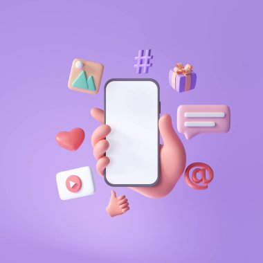 3D Çevrimiçi Sosyal medya iletişim platformu konsepti. Emoji, yorum, sevgi ve simgelerle el ele tutuşmak. 3d resimleme