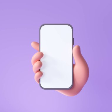 Mor arka planda izole edilmiş akıllı telefonu tutan üç boyutlu çizgi film karakteri, cep telefonu modeli kullanan el. 3d resimleme