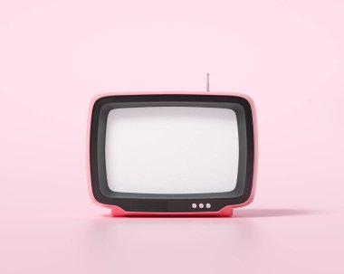Pembe arka planda 3D pembe retro televizyon, eski moda TV alıcısı, sosyal medya filtresi fotoğrafı. 3d resimleme
