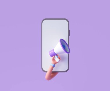 Megafonlu bir akıllı telefondan ya da mor arkaplanlı bir hoparlörden duyuru alarmı. 3d resimleme
