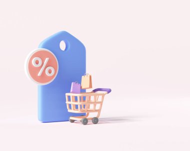 3D Online alışveriş indirimi konsepti. Süper satış günü, özel indirim. 3d resimleme