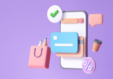 Çevrimiçi alışveriş uygulaması, e-ticaret, akıllı telefon alışverişi ve tanıtım ikonları için kavram. 3d resimleme