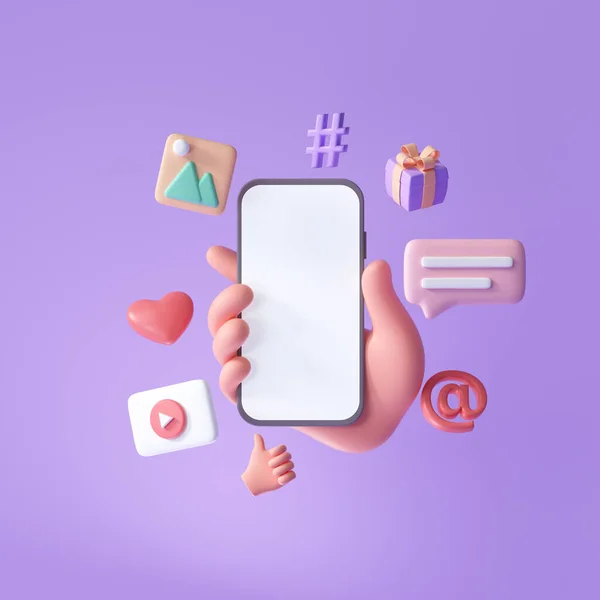 3D Online Social media communication platform concept. Hand holding phone with emoji, comment, love, like and play icons. 3d render illustration