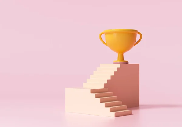3D冠军奖杯在顶层阶梯 商业成功的概念 3D渲染说明 — 图库照片