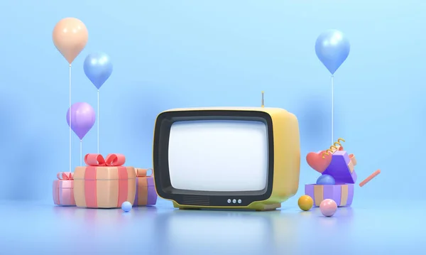 Pomarańczowy Retro Telewizor Prezent Niebieskim Tle Vintage Stary Odbiornik Telewizyjny — Zdjęcie stockowe