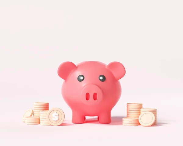 Piggy Bank Monet Stosy Różowym Tle Koncepcja Finansowa Biznesowa Ikona — Zdjęcie stockowe