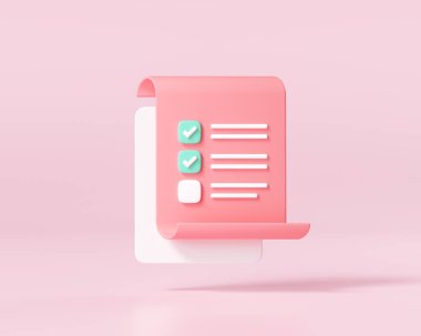 Pembe arka planda kontrol listesi olan beyaz pano. 3d resimleme.