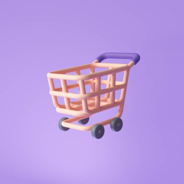 Çevrimiçi alışveriş için mor arka planda sepet ya da alışveriş arabası ikonu. 3B resimleme.