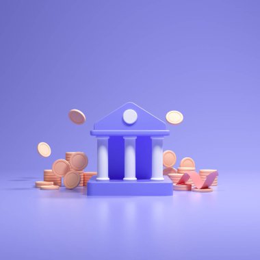 Finansal konsept. Banka depozitoları, para çekmeler, banka hizmetleri. Bozuk paralar düşüyor ve mavi arka planda çizgi film tarzı bankacılık var. 3d resimleme