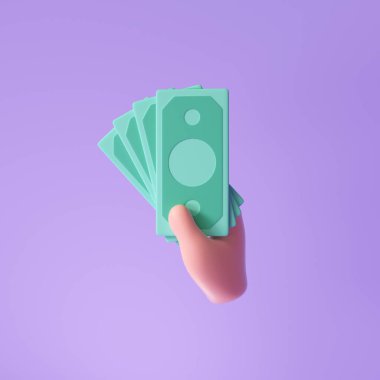 3D Handhold para tasarrufu, çevrimiçi ödeme ve ödeme konsepti için banknotlar tutuyor. 3d resimleme