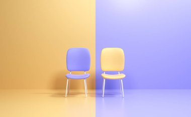 Farklı renkte iki sandalye. İş rekabeti. Rakip konsepti, iş liderliğini biliyorum. 3d çizim çizimi