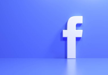 Mavi arka planda 3D facebook logosu, sosyal medya uygulaması. 3d resimleme