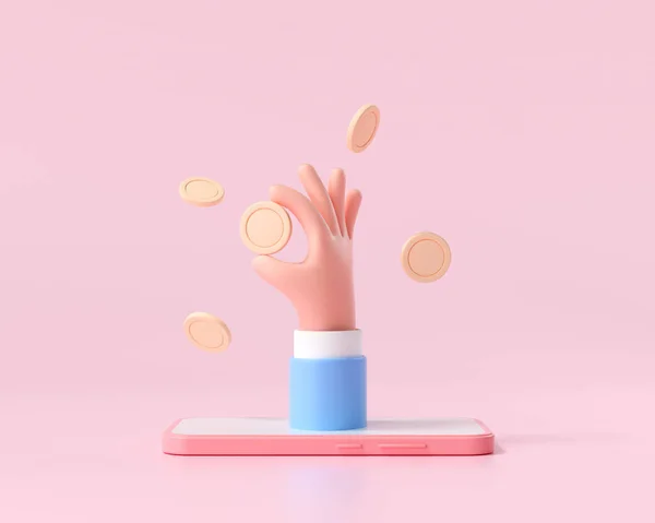 Akıllı telefon, para tasarrufu, online ödeme ve para yatırımı konsepti üzerine üç boyutlu kapanış çizgi filmi el yazısı. 3d resimleme