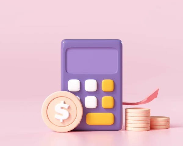 Finansal ikon konsepti. Para yönetimi, finansal planlama, finansal risk hesaplama, madeni paralarla dolu hesap makinesi ve pembe arka plan grafiği. 3d resimleme
