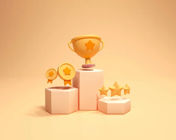 Winners Podium Cups Gold Winners Gold Stars First Second Third — Stock Photo, Image