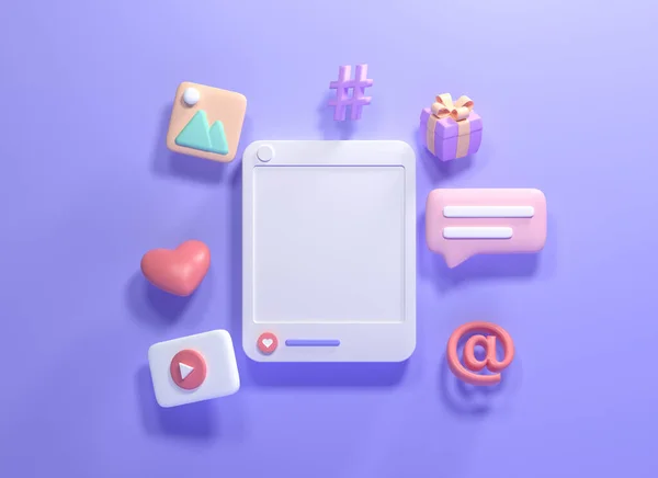 3D Çevrimiçi Sosyal medya iletişim platformu konsepti. Emojili fotoğraf çerçevesi, yorum, aşk, simgeler gibi. 3d resimleme