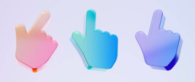 3D el işaretleyici simgeleri, simge, cam holografik simge gibi renkli camlar, minimal kristal berrak, grafik tasarım için ideal UI UX arayüzleri, 3d resim çizimi.