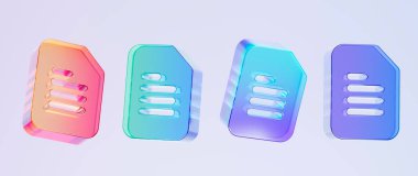 3D belge simgeleri, simge gibi renkli eğimli camlar, grafik tasarımı için ideal UI UX arayüzleri, sunumlar ve modern arkaplanlar, 3d canlandırma çizimi.