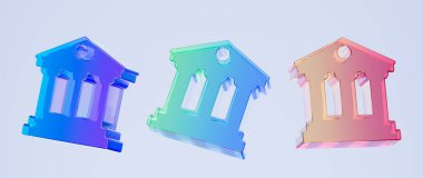 3D banka binası ikonları, finans kurumu ve ekonomi konsepti. Simge gibi renkli gradyan camlar, trend cam holografik simgesi, grafik tasarım için, UI UX arayüzleri, 3d canlandırma