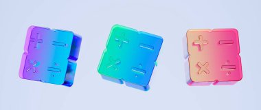 3D hesap makinesi simgeleri, dijital hesaplama ve finans konsepti. Grafik tasarımı, UI UX arayüzleri, 3D resimleme için simge, trend cam holografik simgesi gibi renkli gradyan camlar.