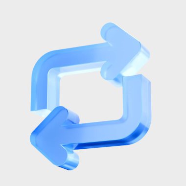 3D Cam Yenileme Okları simgesi, Güncelleme sistemi konseptini yeniden yükle. Sıvı Cam tasarım simgesi, grafik tasarımı için trend cam simgesi, UI UX arayüzleri, 3d illüstrasyon.