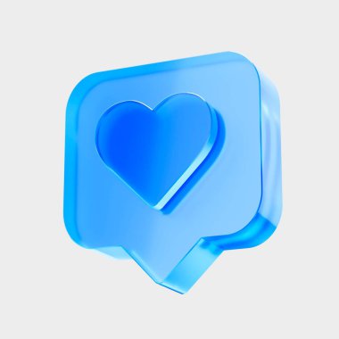 3D Glass Heart Sohbet ikonu, Aşk mesaj sosyal nişan konsepti gibidir. Sıvı Cam tasarım simgesi, grafik tasarımı için trend cam simgesi, UI UX arayüzleri, 3d illüstrasyon.