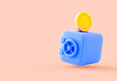 Altın sikkeli mavi bir kasanın 3 boyutlu çizimi, mali birikimleri, bankacılığı, yatırımı ve zenginliği simgeliyor.