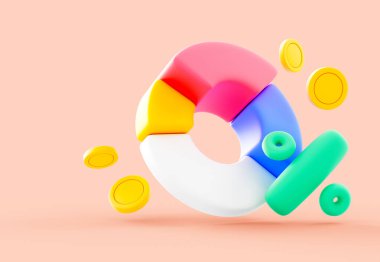 Yüzen altın sikkeleri, finansal analizi, yatırım çeşitlendirmesini, bütçe düzenlemesini ve ekonomik planlamayı sembolize eden 3 boyutlu turta grafiği.