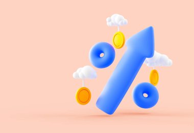 Yüzen madeni paralar ve bulutlar, mali büyüme, faiz oranları ve ekonomik eğilimleri temsil eden mavi yüzde sembolünün üç boyutlu çizimi.