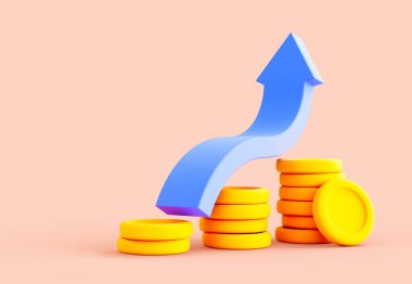 Altın para yığınları üzerinde yükselen mavi bir okun mali büyüme, yatırım başarısı ve ekonomik ilerlemeyi temsil eden 3B çizimi.