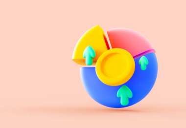 Dinamik büyüme göstergelerine sahip canlı ve görsel olarak çekici bir üç boyutlu pasta grafiği. Renkli bölümler ve yukarı doğru oklar mali başarıyı, iş analizlerini ve istatistiksel büyümeyi simgeliyor.