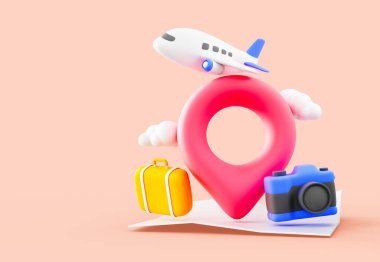 Bir uçak, kamera, bavul ve turizmi sembolize eden bir konum rozeti içeren renkli bir üç boyutlu seyahat konsepti..