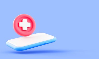 Sağlık hizmetleri, teletıp ve çevrimiçi sağlık hizmetlerini temsil eden üç boyutlu akıllı telefonun üzerinde beyaz bir haç bulunan kırmızı sağlık sembolü..