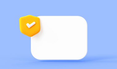 Boş alanı olan üç boyutlu güvenlik simgesini kontrol et. Boş bir panonun yanında işaretli bir güvenlik kalkanı tasviri, onay, onay veya korumayı simgeliyor..