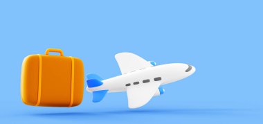 Bagajlı en az üç boyutlu uçuş ikonu. Bir uçak ve bavulun açık mavi arka planda hava seyahatini ya da tatili simgeleyen 3D simge benzeri basit bir tasviri.