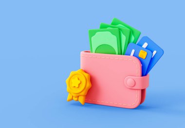 Para ve kartlarla dolu pembe cüzdan artı ödül rozeti. Finansal başarı ve tanınmanın 3 boyutlu resmi..