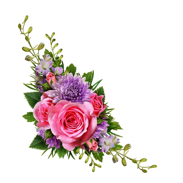 Aster and rose flowers corner arrangement — Stock Photo, Image