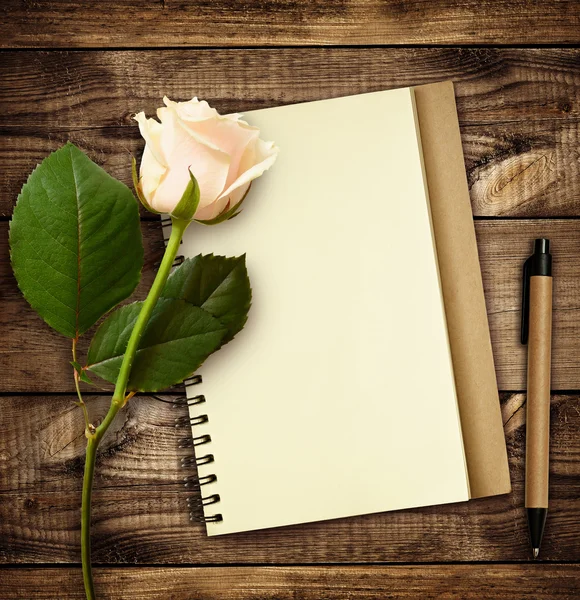 Rosa blanca flor con cuaderno y pluma — Foto de Stock