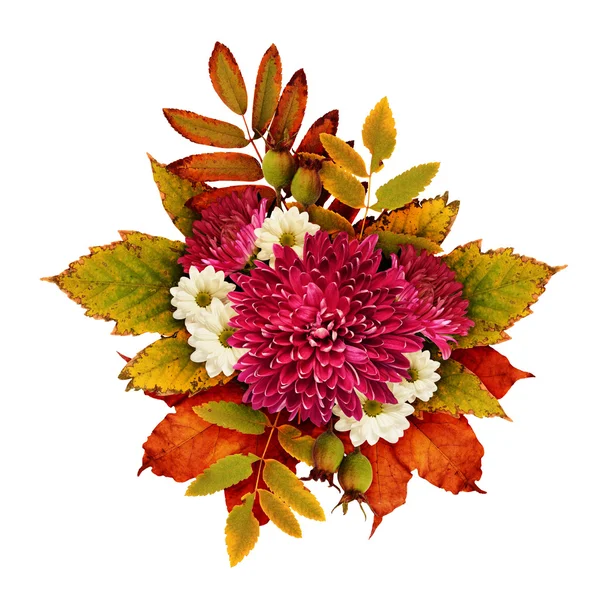 Podzimní kytice květin aster a suché listí — Stock fotografie